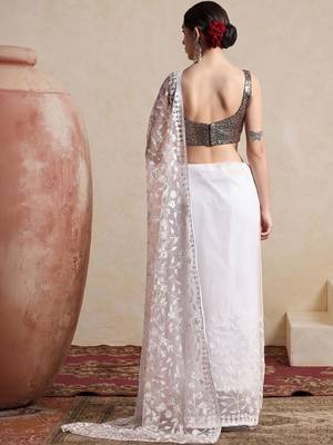 white embellished embroidered net designer saree 3