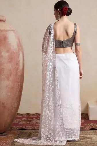 white embellished embroidered net designer saree