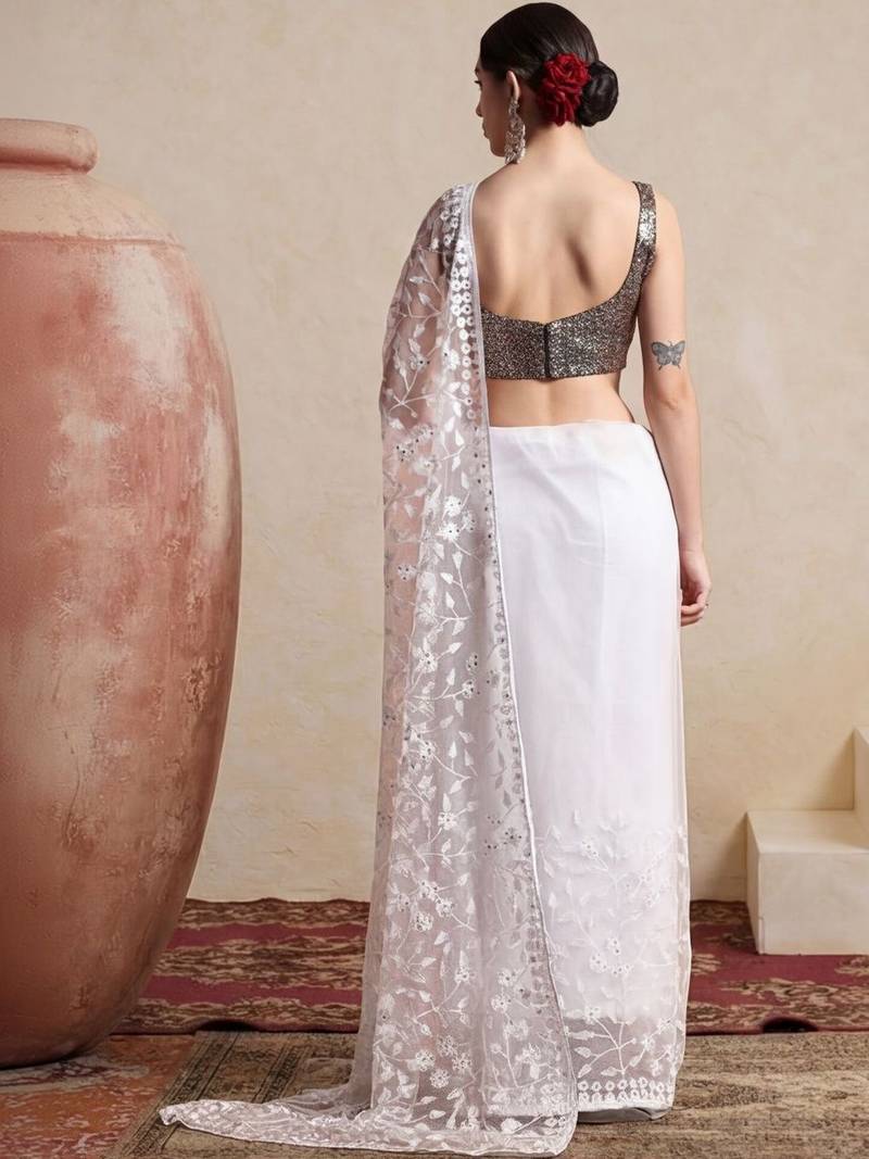 white embellished embroidered net designer saree