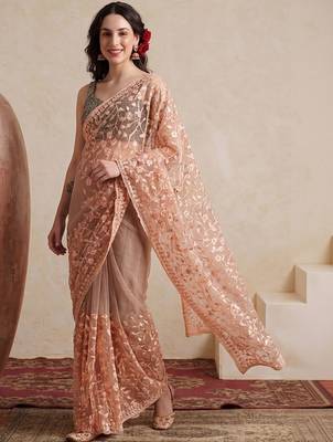 peach embellished embroidered net designer saree 1
