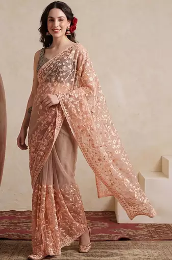 peach embellished embroidered net designer saree