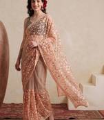 peach embellished embroidered net designer saree
