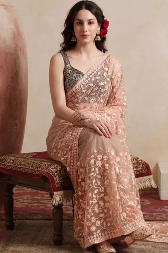 peach embellished embroidered net designer saree
