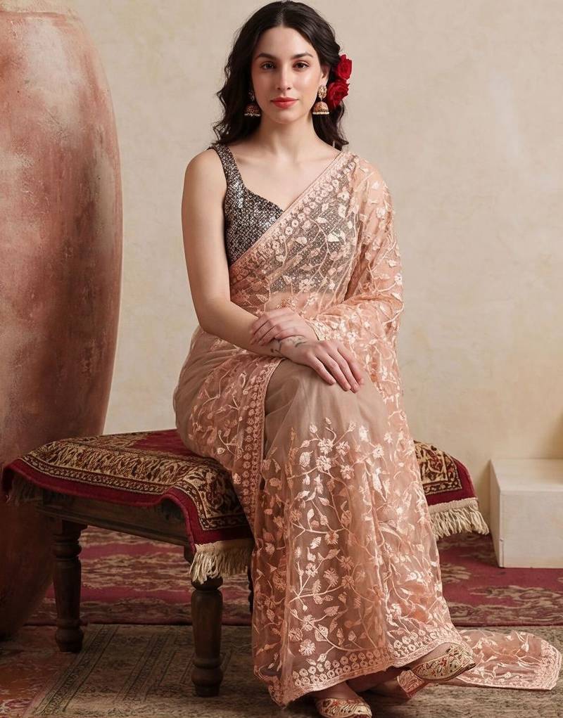 peach embellished embroidered net designer saree