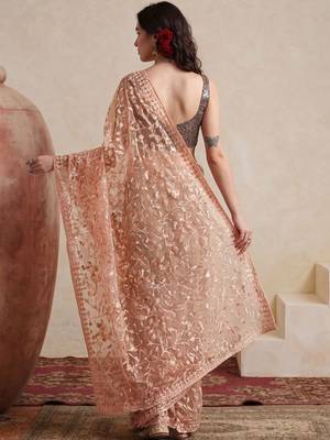 peach embellished embroidered net designer saree 3