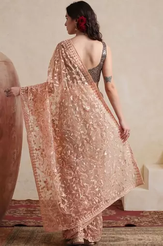 peach embellished embroidered net designer saree