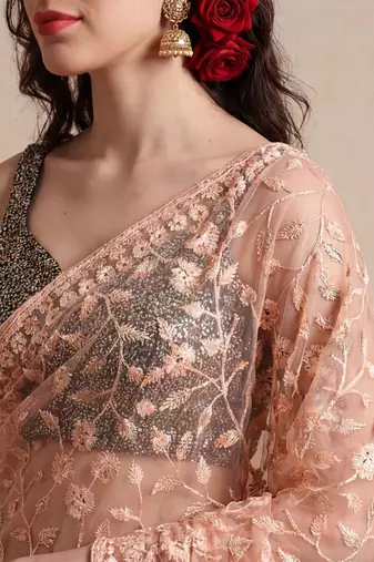 peach embellished embroidered net designer saree