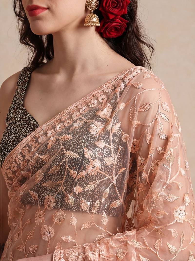peach embellished embroidered net designer saree