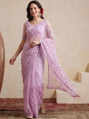 lavender embellished embroidered net designer saree 1