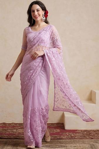 lavender embellished embroidered net designer saree