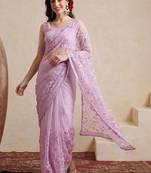lavender embellished embroidered net designer saree