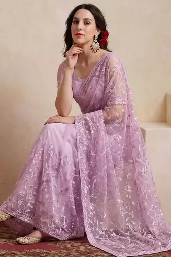 lavender embellished embroidered net designer saree