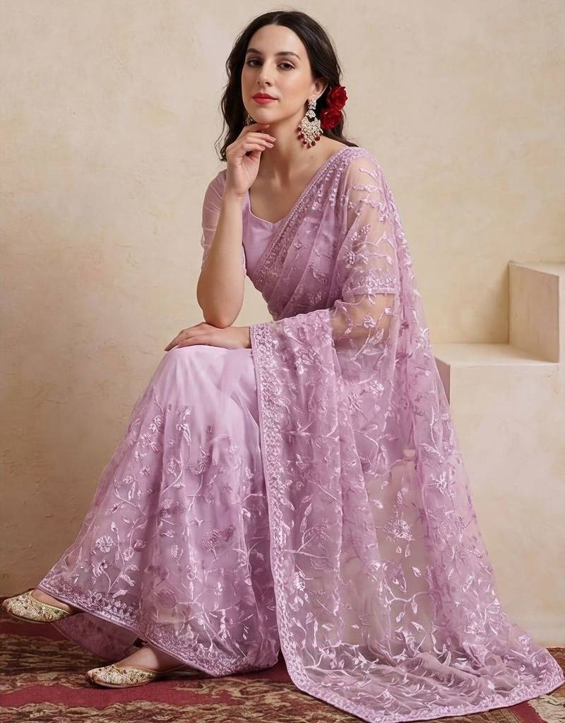 lavender embellished embroidered net designer saree