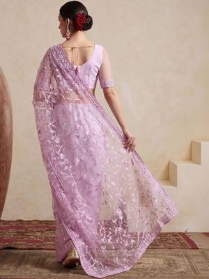 lavender embellished embroidered net designer saree 3