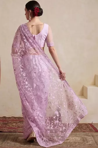 lavender embellished embroidered net designer saree