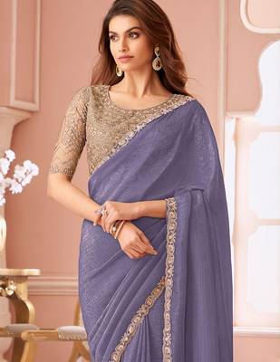 lavender sequinned pure georgette saree 3