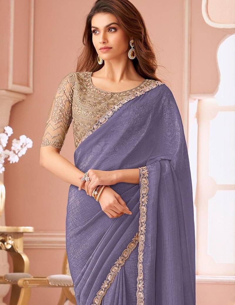 lavender sequinned pure georgette saree