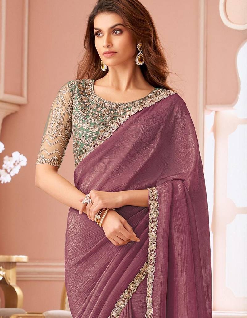 Purple embellished sequinned pure georgette saree