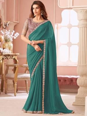 teal embellished sequinned pure georgette saree 1