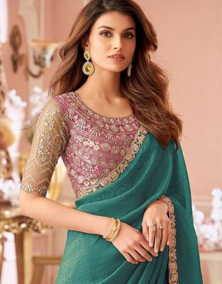 teal embellished sequinned pure georgette saree 2