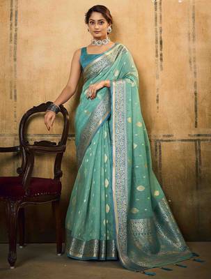 turquoise woven design zari saree 1