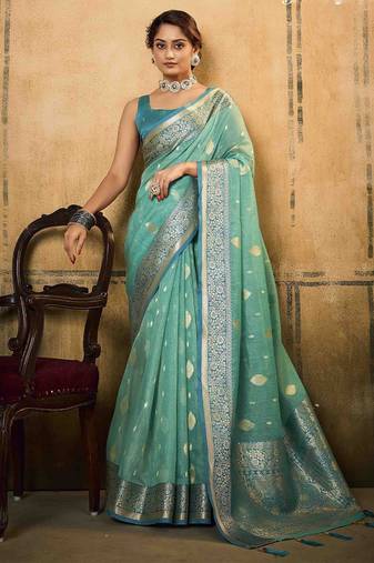 turquoise woven design zari saree