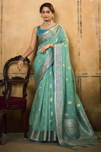 turquoise woven design zari saree