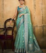turquoise woven design zari saree