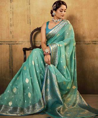 turquoise woven design zari saree 2