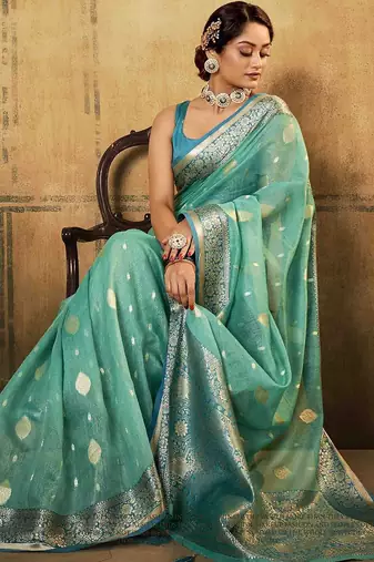 turquoise woven design zari saree