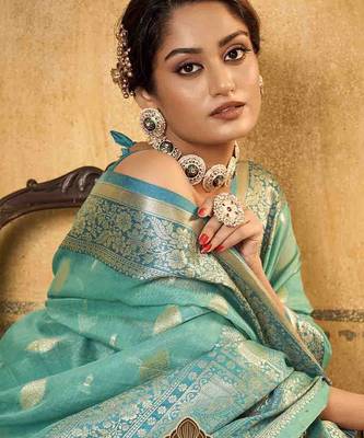 turquoise woven design zari saree 3