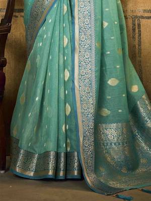turquoise woven design zari saree 4