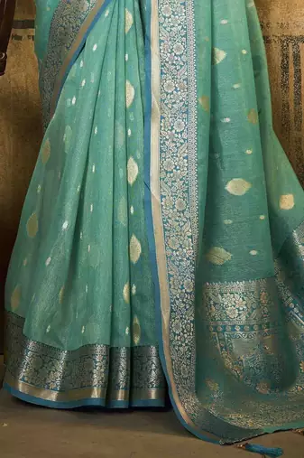turquoise woven design zari saree