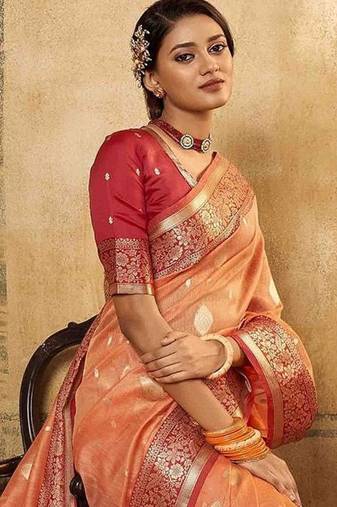 peach ethnic motifs zari saree with blouse piece