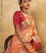 peach ethnic motifs zari saree with blouse piece