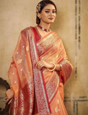 peach ethnic motifs zari saree with blouse piece 2