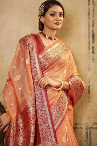 peach ethnic motifs zari saree with blouse piece