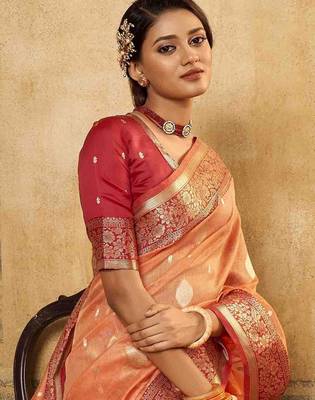 peach ethnic motifs zari saree with blouse piece 3