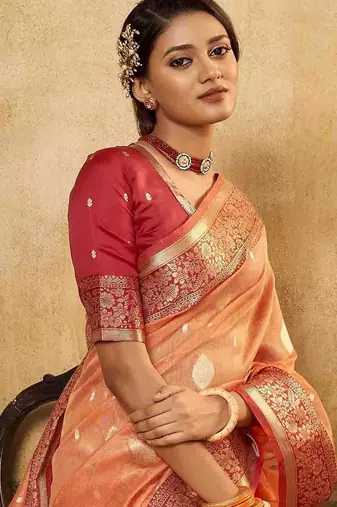 peach ethnic motifs zari saree with blouse piece