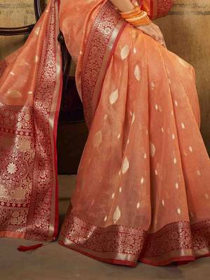 peach ethnic motifs zari saree with blouse piece 4