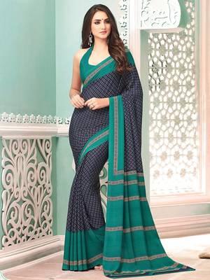 Navy blue ethnic motifs poly crepe bagru saree 1