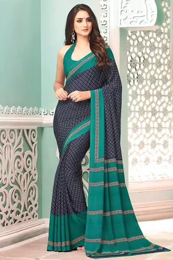 Navy blue ethnic motifs poly crepe bagru saree