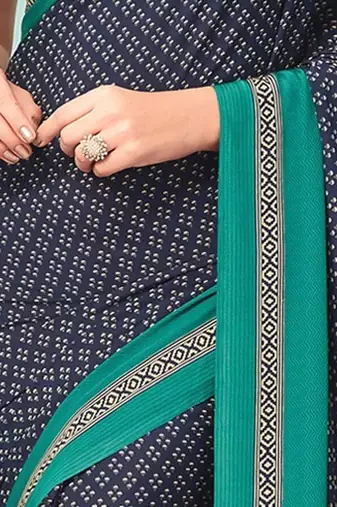 Navy blue ethnic motifs poly crepe bagru saree