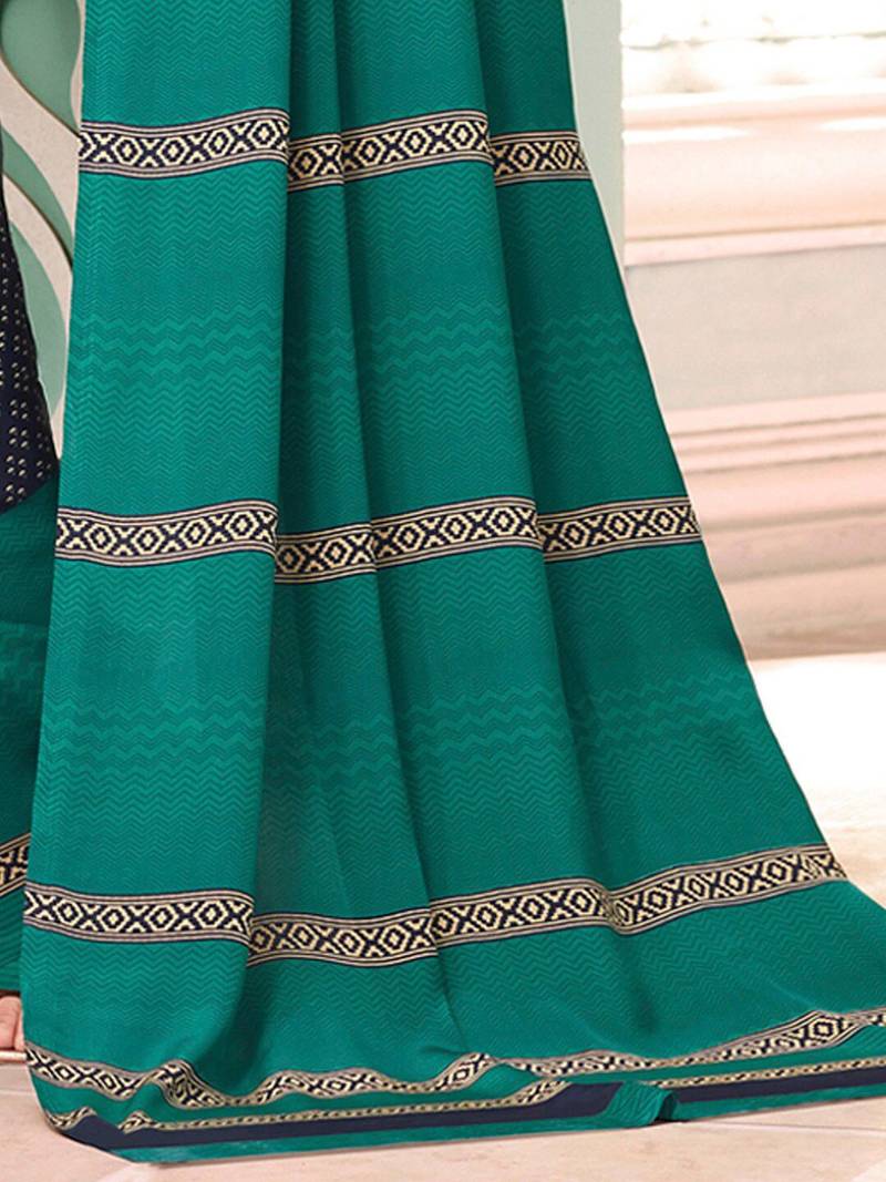 Navy blue ethnic motifs poly crepe bagru saree