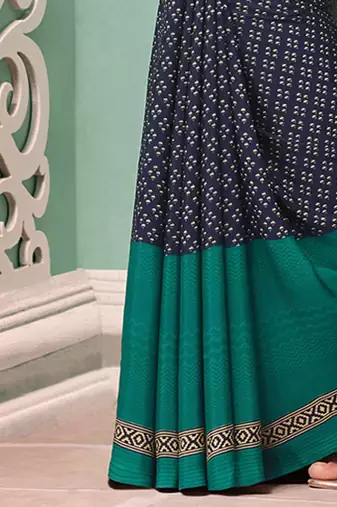 Navy blue ethnic motifs poly crepe bagru saree