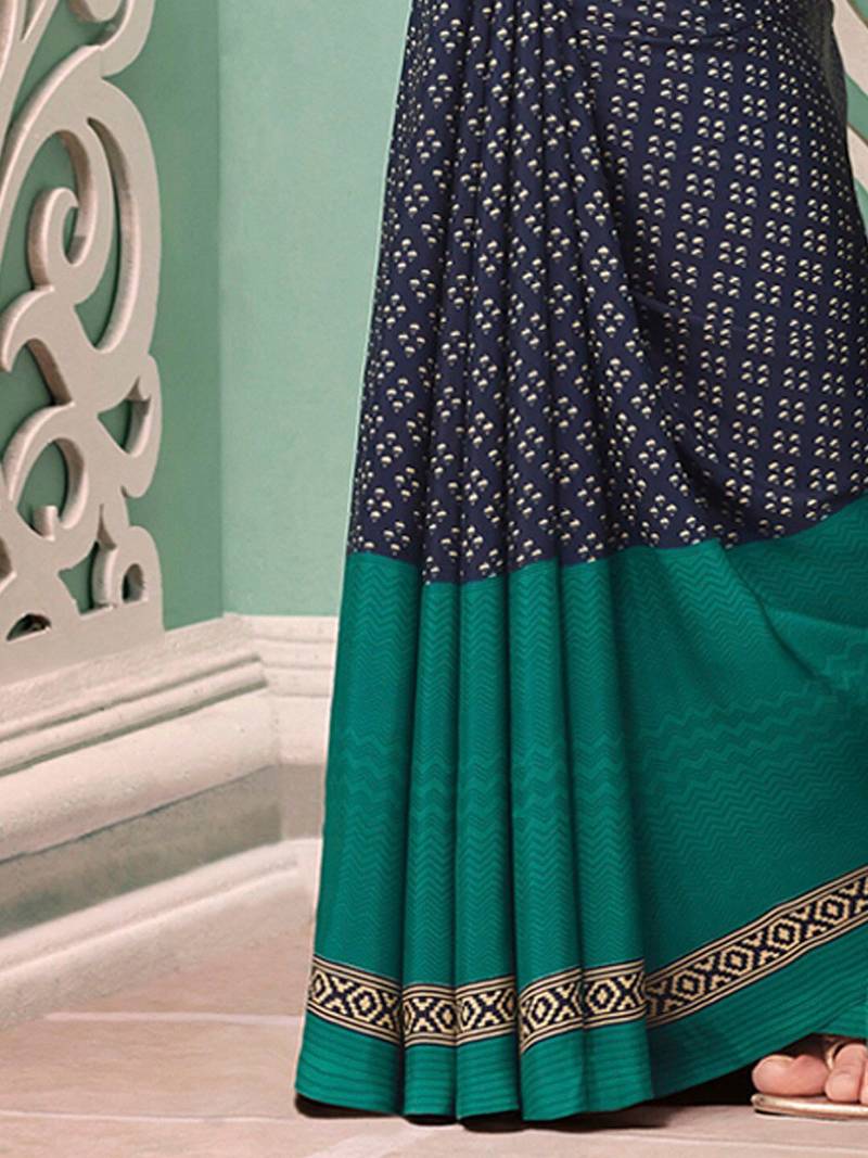 Navy blue ethnic motifs poly crepe bagru saree