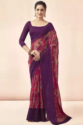 purple purple & pink abstract printed sequinned saree