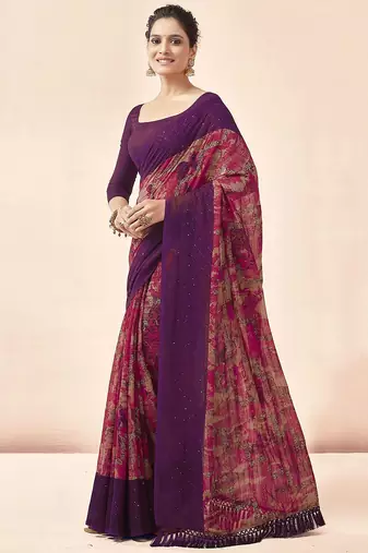 purple purple & pink abstract printed sequinned saree