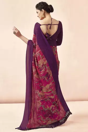 purple purple & pink abstract printed sequinned saree