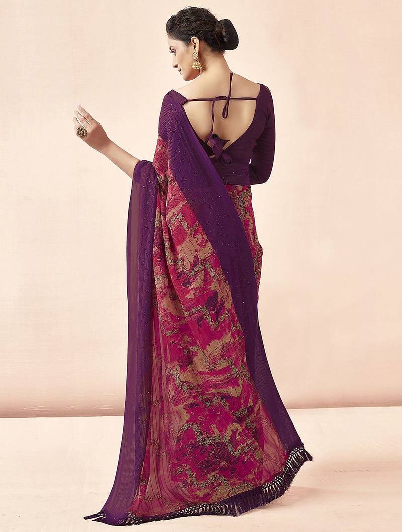 purple purple & pink abstract printed sequinned saree